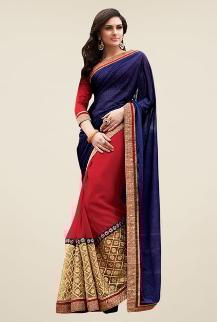 Shonaya Navy & Red Georgette Net & Lycra Embellished Saree Shonaya Navy & Red Georgette Net & Lycra Embellished Saree