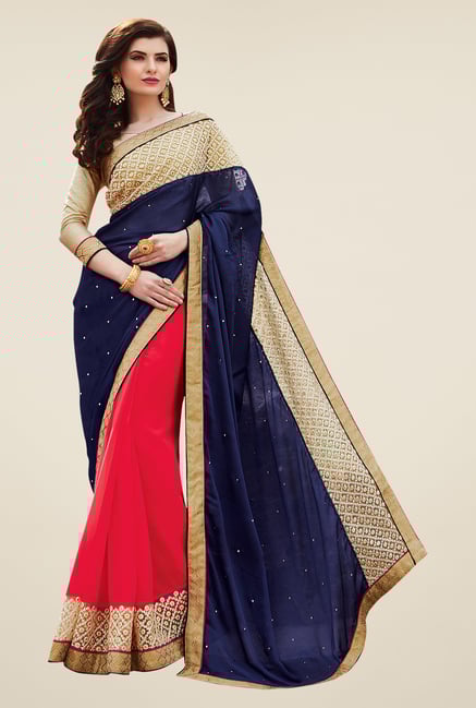 Shonaya Navy & Coral Georgette & Satin Chiffon Saree Shonaya Navy & Coral Georgette & Satin Chiffon Saree