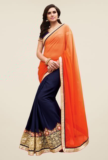 Shonaya Orange & Navy Georgette Embroidered Saree Shonaya Orange & Navy Georgette Embroidered Saree
