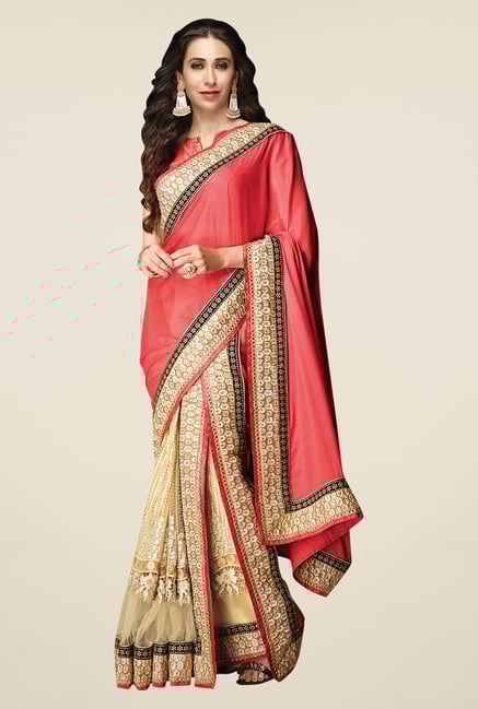 Shonaya Coral & Beige Net & Chiffon Saree Shonaya Coral & Beige Net & Chiffon Saree