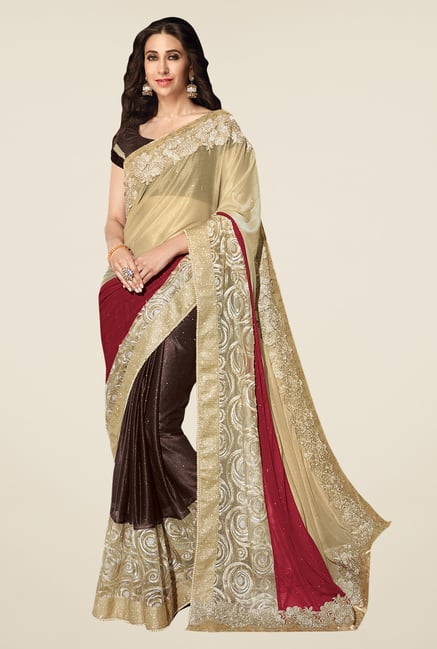 Shonaya Beige & Brown Lycra Georgette Embroidered Saree Shonaya Beige & Brown Lycra Georgette Embroidered Saree