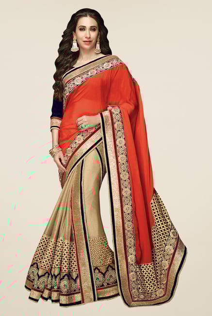 Shonaya Beige & Orange Lycra Georgette & Chiffon Saree Shonaya Beige & Orange Lycra Georgette & Chiffon Saree