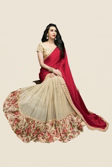 Shonaya Beige & Red Net & Satin Georgette Embellished Saree Shonaya Beige & Red Net & Satin Georgette Embellished Saree