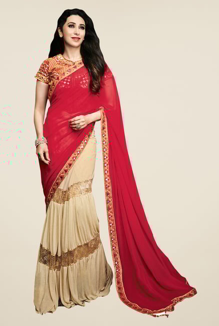 Shonaya Red & Beige Lycra Georgette & Chiffon Saree Shonaya Red & Beige Lycra Georgette & Chiffon Saree