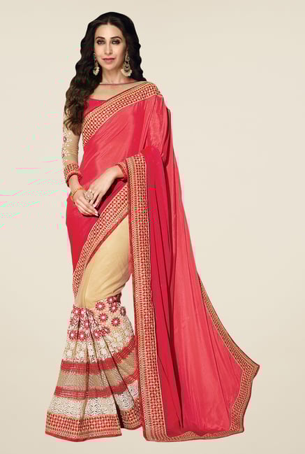 Shonaya Coral & Beige Net & Chiffon Embroidered Saree Shonaya Coral & Beige Net & Chiffon Embroidered Saree