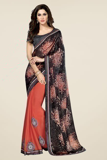 Shonaya Coral & Black Chiffon Printed Saree Shonaya Coral & Black Chiffon Printed Saree
