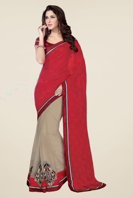 Shonaya Red & Beige Net Body Printed Saree Shonaya Red & Beige Net Body Printed Saree