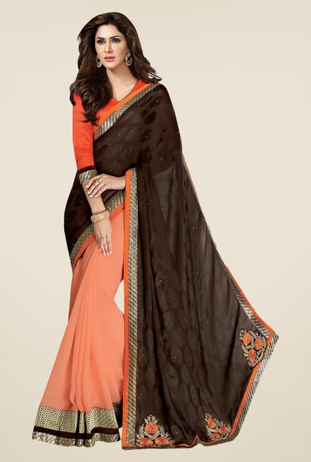 Shonaya Brown & Orange Georgette Printed Saree Shonaya Brown & Orange Georgette Printed Saree