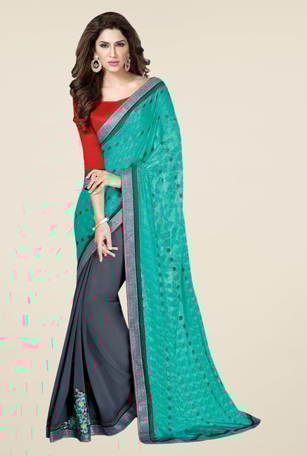 Shonaya Turquoise & Grey Chiffon Printed Saree Shonaya Turquoise & Grey Chiffon Printed Saree