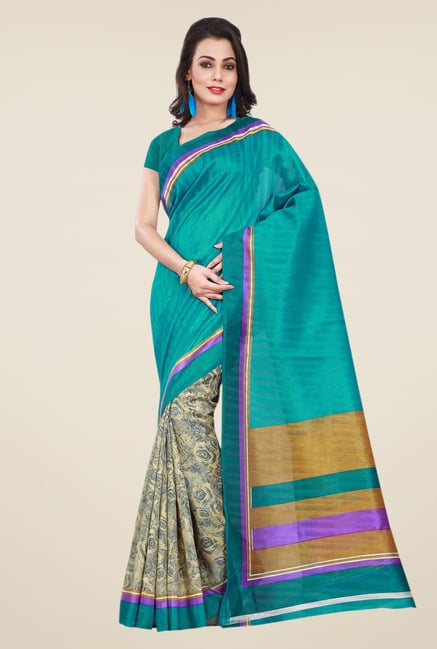 Shonaya Teal & Beige Bhagalpuri Silk Floral Print Saree Shonaya Teal & Beige Bhagalpuri Silk Floral Print Saree