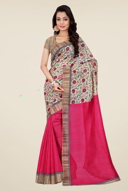 Shonaya Pink & Beige Bhagalpuri Silk Floral Print Saree Shonaya Pink & Beige Bhagalpuri Silk Floral Print Saree