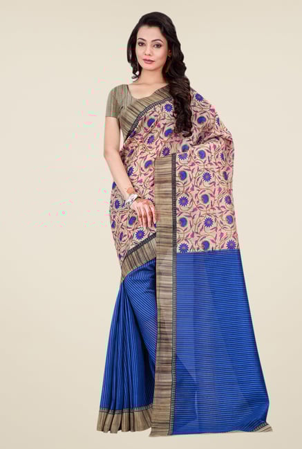 Shonaya Blue & Beige Bhagalpuri Silk Floral Print Saree Shonaya Blue & Beige Bhagalpuri Silk Floral Print Saree
