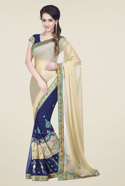 Shonaya Beige & Navy Chiffon & Lycra Embroidered Saree Shonaya Beige & Navy Chiffon & Lycra Embroidered Saree