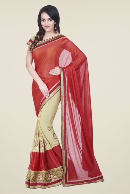 Shonaya Red & Beige Chiffon & Lycra Embellished Saree Shonaya Red & Beige Chiffon & Lycra Embellished Saree