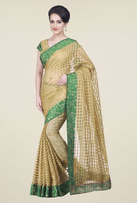 Shonaya Beige & Green Jacquard Checks Saree Shonaya Beige & Green Jacquard Checks Saree