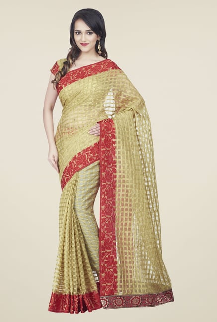 Shonaya Beige & Red Jacquard Checks Saree Shonaya Beige & Red Jacquard Checks Saree