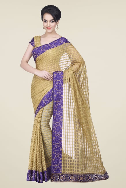 Shonaya Beige & Violet Jacquard Checks Saree Shonaya Beige & Violet Jacquard Checks Saree