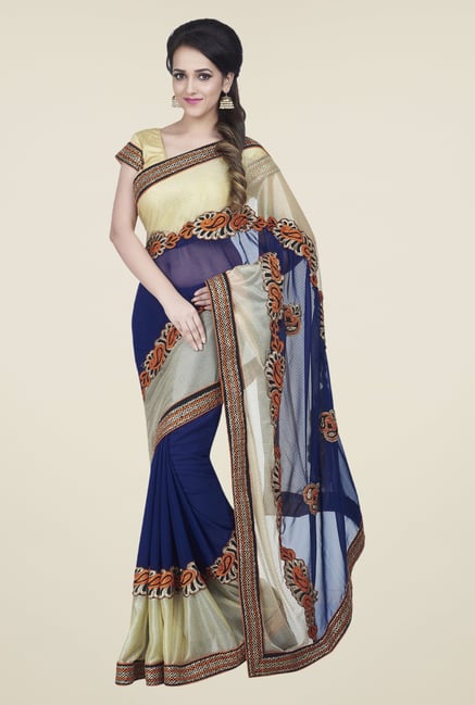 Shonaya Beige & Navy Chiffon Embroidered Saree Shonaya Beige & Navy Chiffon Embroidered Saree