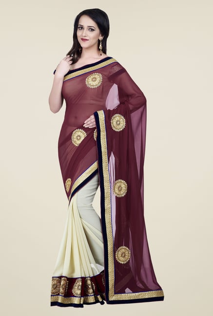 Shonaya Maroon & Off White Georgette Embroidered Saree Shonaya Maroon & Off White Georgette Embroidered Saree