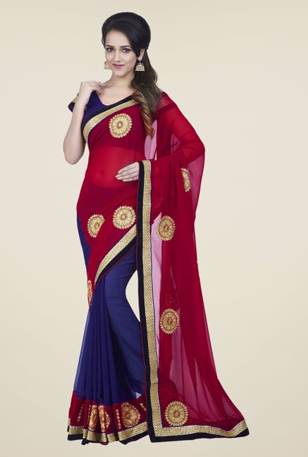 Shonaya Red & Blue Georgette Embroidered Saree Shonaya Red & Blue Georgette Embroidered Saree