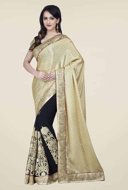 Shonaya Beige & Black Chiffon & Jacquard Printed Saree Shonaya Beige & Black Chiffon & Jacquard Printed Saree