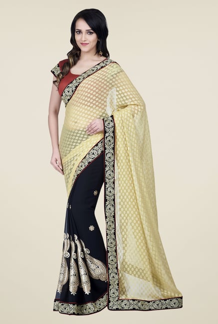 Shonaya Beige & Navy Chiffon Jacquard Printed Saree Shonaya Beige & Navy Chiffon Jacquard Printed Saree