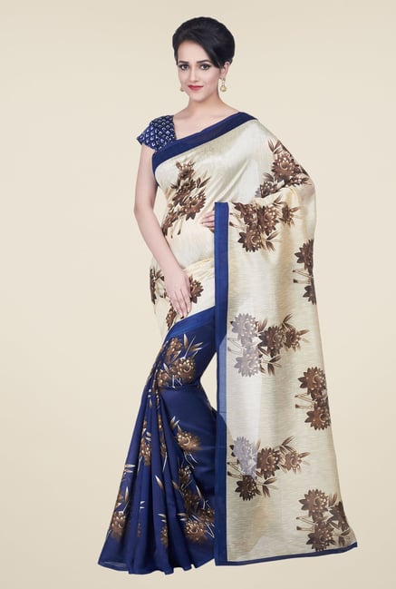 Shonaya Beige & Navy Bhagalpuri Silk Floral Print Saree Shonaya Beige & Navy Bhagalpuri Silk Floral Print Saree