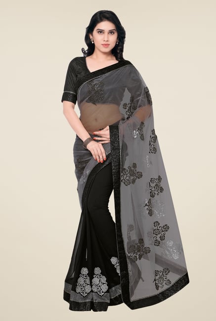 Shonaya Grey & Black Net & Georgette Embroidered Saree Shonaya Grey & Black Net & Georgette Embroidered Saree