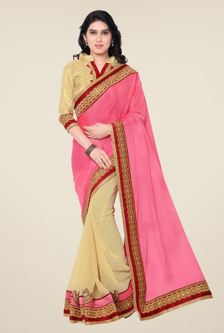 Shonaya Pink & Beige Chinnon & Georgette Embroidered Saree Shonaya Pink & Beige Chinnon & Georgette Embroidered Saree