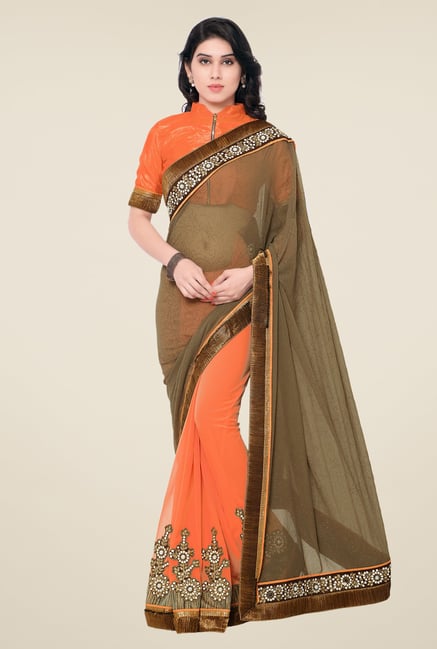 Shonaya Brown & Orange Georgette & Georgette Printed Saree Shonaya Brown & Orange Georgette & Georgette Printed Saree