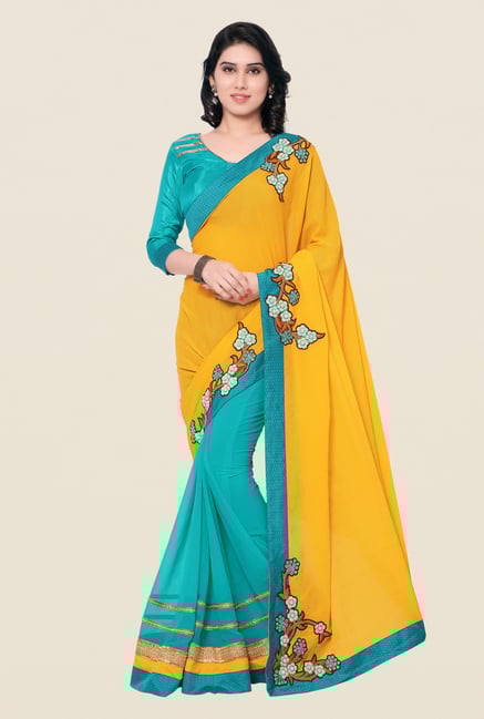 Shonaya Turquoise & Yellow Crepe & Georgette Saree Shonaya Turquoise & Yellow Crepe & Georgette Saree