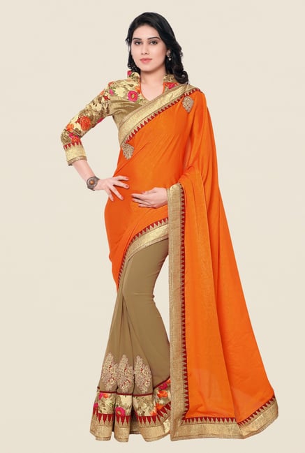 Shonaya Beige & Orange Crepe Jacquard & Georgette Saree Shonaya Beige & Orange Crepe Jacquard & Georgette Saree