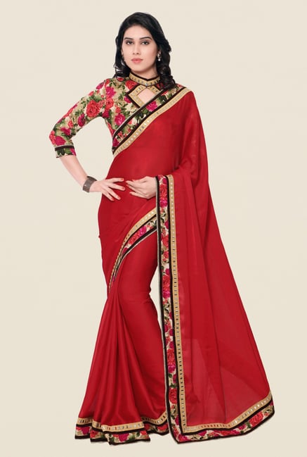 Shonaya Red Satin Chiffon Floral Print Saree Shonaya Red Satin Chiffon Floral Print Saree