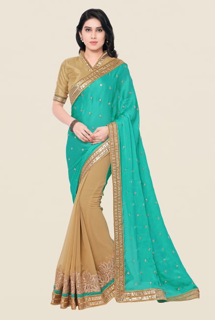 Shonaya Beige & Turquoise Satin Chiffon & Georgette Saree Shonaya Beige & Turquoise Satin Chiffon & Georgette Saree