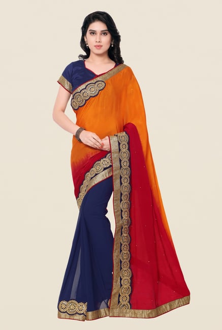 Shonaya Navy & Yellow Chinnon & Georgette Embroidered Saree Shonaya Navy & Yellow Chinnon & Georgette Embroidered Saree