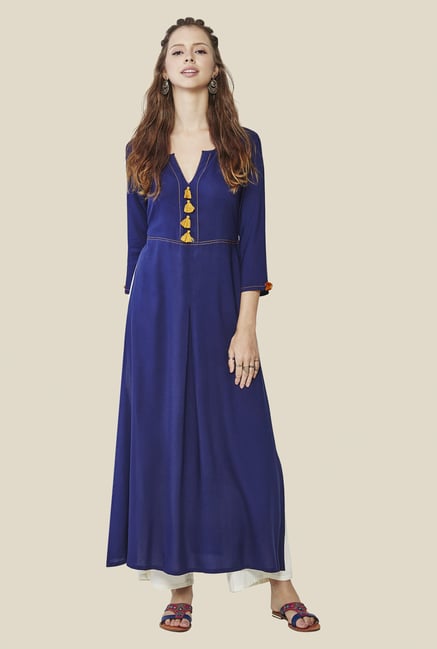 Global Desi Royal Blue Solid Kurta Global Desi Royal Blue Solid Kurta