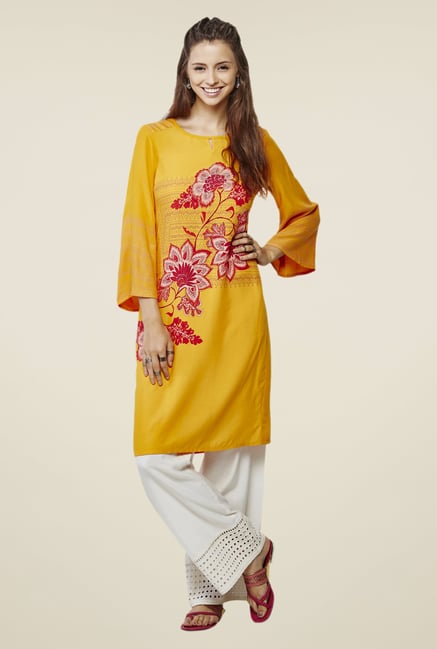Global Desi Mustard Floral Print Rayon Tunic Global Desi Mustard Floral Print Rayon Tunic