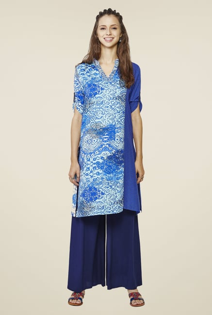 Global Desi Blue Floral Printed Kurta Global Desi Blue Floral Printed Kurta