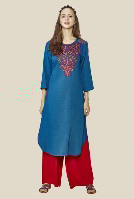 Global Desi Teal Embroidered Kurta Global Desi Teal Embroidered Kurta