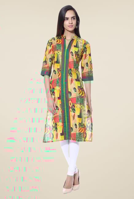 Shree Yellow & Green Printed Cotton Kurta Shree Yellow & Green Printed Cotton Kurta