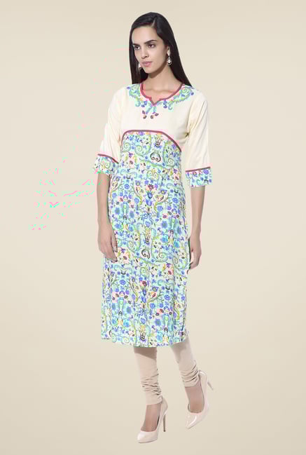 Shree Cream & Blue Floral Print Rayon Kurta Shree Cream & Blue Floral Print Rayon Kurta