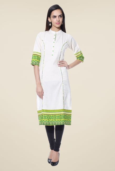 Shree White & Green Printed Linen Kurta Shree White & Green Printed Linen Kurta