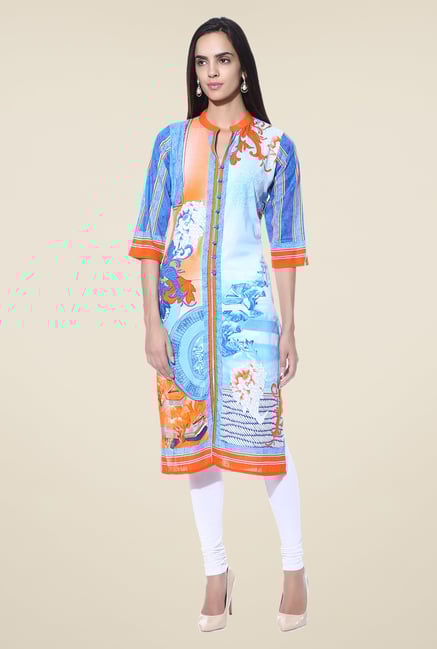 Shree Blue & Orange Floral Print Cotton Kurta Shree Blue & Orange Floral Print Cotton Kurta