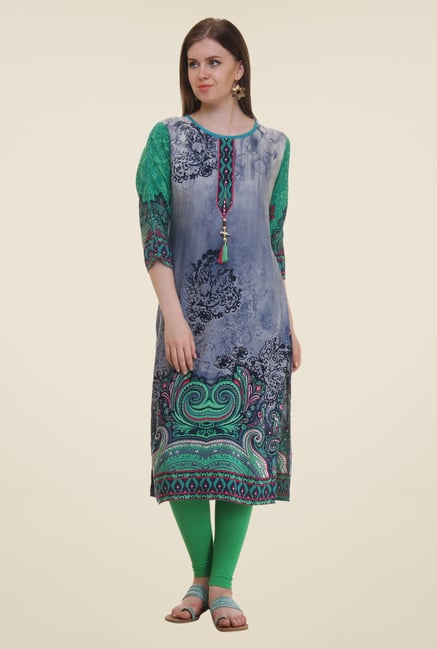 Shree Green & Grey Printed Rayon Kurta Shree Green & Grey Printed Rayon Kurta