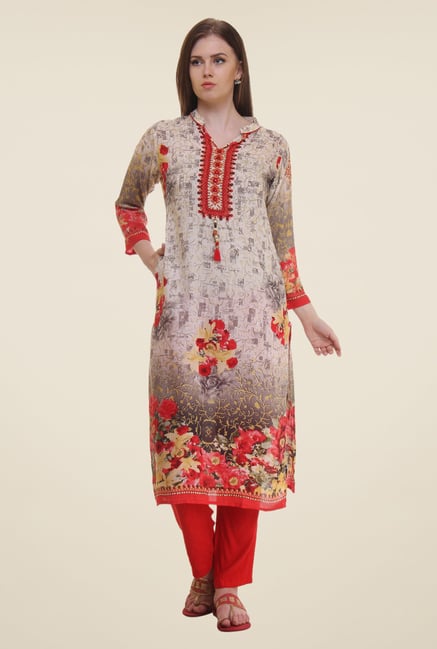 Shree Cream & Red Floral Print Rayon Kurta Shree Cream & Red Floral Print Rayon Kurta