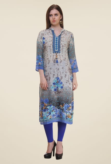 Shree Cream & Blue Floral Print Rayon Kurta Shree Cream & Blue Floral Print Rayon Kurta