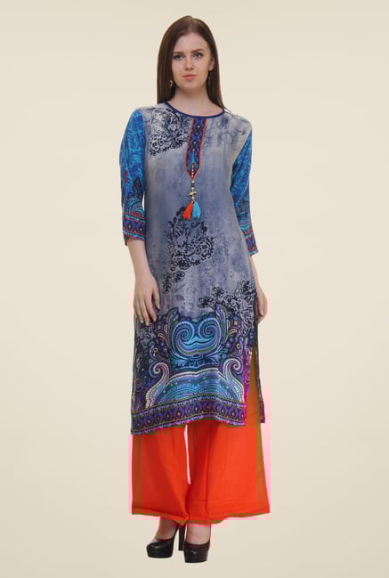 Shree Blue & Grey Printed Rayon Kurta Shree Blue & Grey Printed Rayon Kurta