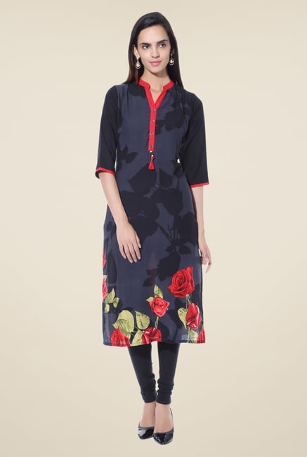 Shree Navy Floral Print Rayon Kurta Shree Navy Floral Print Rayon Kurta