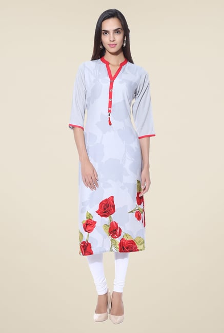 Shree Off White Floral Print Rayon Kurta Shree Off White Floral Print Rayon Kurta