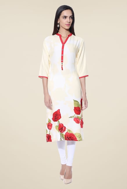Shree Beige Floral Print Rayon Kurta Shree Beige Floral Print Rayon Kurta